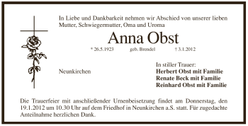 Traueranzeige von Anna Obst von Pegnitz-Zeitung